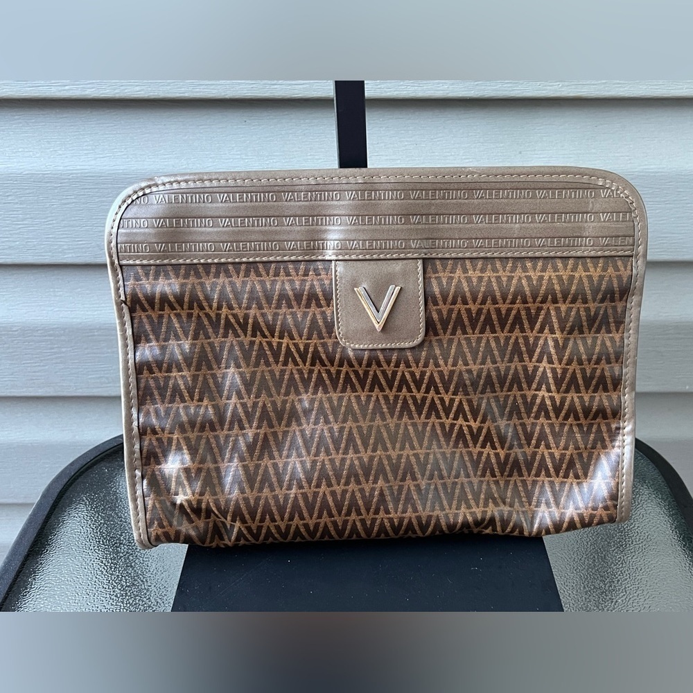 Vintage Mario Valentino Clutch Bag V Mark Logo on Both Sides Brown PVC Leather